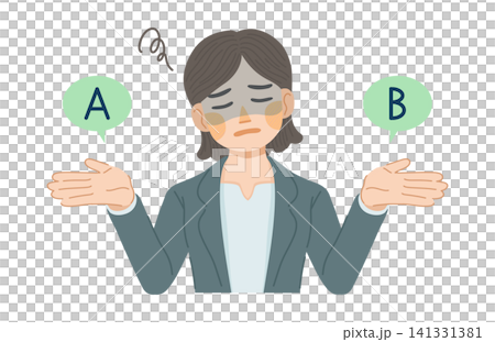 An illustration of a woman in a suit who is feeling uneasy about options A and B. An illustration of a woman in a suit who is feeling uneasy about options A and B. 141331381