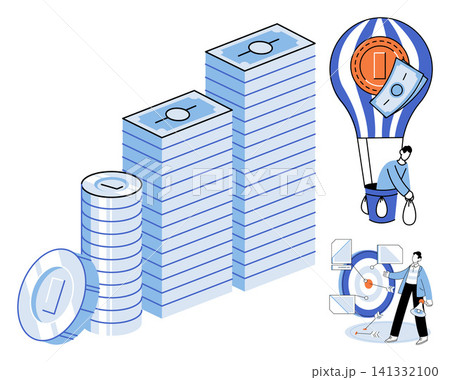 Stacks of money and business people with a target vector illustration. Investment, wealth management, financial planning, corporate strategy, economic growth, goal achievement. Currency piles Stacks of money and business people with a target vector illustration. Investment, wealth management, financial planning, corporate strategy, economic growth, goal achievement. Currency piles 141332100
