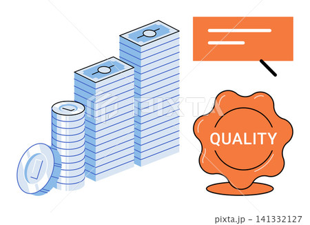 Stacks of cash coins and a quality stamp icon vector illustration. Financial growth, business success, investment, banking, profit, premium service. Currency piles and seal mark Stacks of cash coins and a quality stamp icon vector illustration. Financial growth, business success, investment, banking, profit, premium service. Currency piles and seal mark 141332127