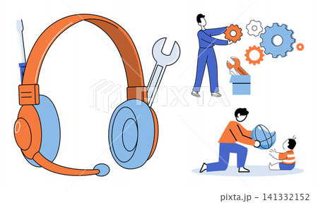 Technical support and customer service vector illustration. Customer assistance, maintenance, troubleshooting, help desk, parenting, family bonding. Headset with tools and repair icons Technical support and customer service vector illustration. Customer assistance, maintenance, troubleshooting, help desk, parenting, family bonding. Headset with tools and repair icons 141332152