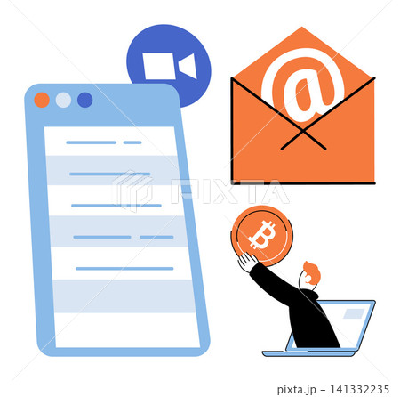 Digital communication and cryptocurrency payment vector illustration. Online messaging, remote meeting, financial transaction, blockchain technology, virtual business, internet banking. Electronic Digital communication and cryptocurrency payment vector illustration. Online messaging, remote meeting, financial transaction, blockchain technology, virtual business, internet banking. Electronic 141332235