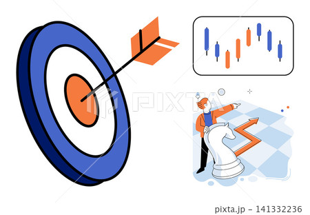 Target with arrow and person moving chess piece vector illustration. Financial planning, investment strategy, market analysis, goal achievement, corporate success, professional development. Dartboard 141332236
