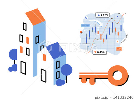 Buildings with stock market chart and key vector illustration. Property market, financial growth, investment strategy, housing economy, asset management, wealth building. Residential architecture Buildings with stock market chart and key vector illustration. Property market, financial growth, investment strategy, housing economy, asset management, wealth building. Residential architecture 141332240