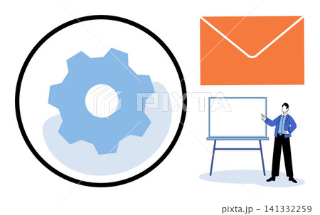 Gear icon with a presenter at a whiteboard and an envelope vector illustration. Workflow optimization, corporate communication, email marketing, project management, business strategy, task Gear icon with a presenter at a whiteboard and an envelope vector illustration. Workflow optimization, corporate communication, email marketing, project management, business strategy, task 141332259