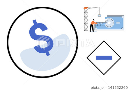 Dollar sign icon, construction worker building money and minus sign vector illustration. Investment, banking, infrastructure, development, economy finance. Currency symbol, builder, negative sign Dollar sign icon, construction worker building money and minus sign vector illustration. Investment, banking, infrastructure, development, economy finance. Currency symbol, builder, negative sign 141332260