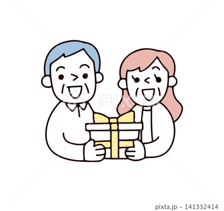プレゼントを受け取るシニア夫婦のイラスト プレゼントを受け取るシニア夫婦のイラスト 141332414