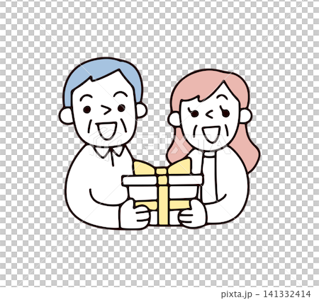 プレゼントを受け取るシニア夫婦のイラスト プレゼントを受け取るシニア夫婦のイラスト 141332414