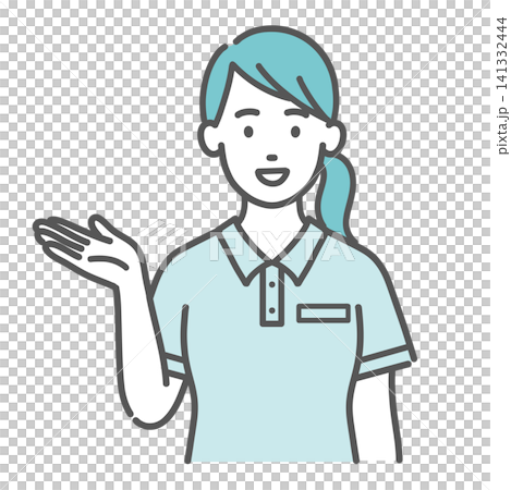 An illustration of a female staff member in a polo shirt (caregiver/explanation) smiling as she guides and introduces staff. An illustration of a female staff member in a polo shirt (caregiver/explanation) smiling as she guides and introduces staff. 141332444