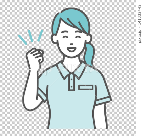 An illustration of a female staff member in a polo shirt smiling and making a victory pose (caregiver - achievement). An illustration of a female staff member in a polo shirt smiling and making a victory pose (caregiver - achievement). 141332445