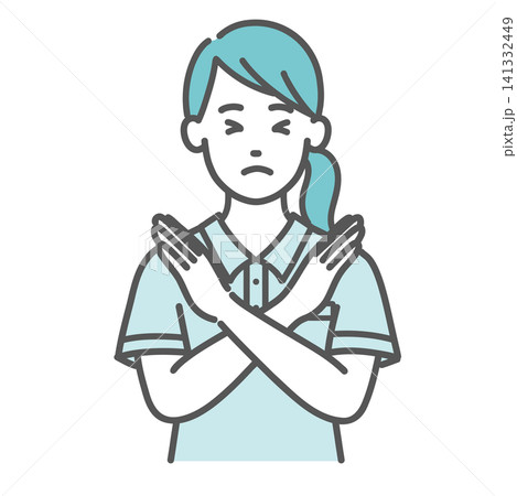 腕でバツ印を作ってNGポーズをしているポロシャツ姿の女性スタッフのイラスト（介護士・禁止） 141332449
