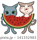 スイカを食べるかわいい猫のイラスト｜夏・季節・フルーツ・癒し・動物キャラクター 白背景 141332983