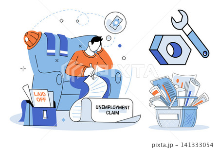 A person filling out an unemployment claim form vector illustration. Job loss, financial crisis, economic recession, career change, social welfare, government assistance. Individual completing 141333054