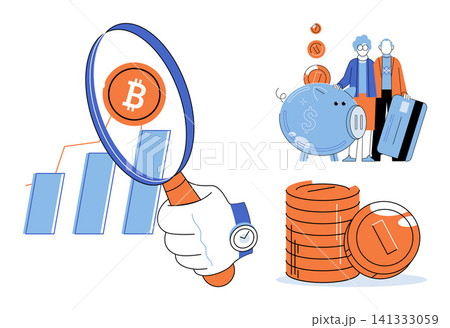 Magnifying glass over bitcoin chart and people with piggy bank vector illustration. Finance, investment, savings, cryptocurrency, banking, wealth management. Digital currency market analysis Magnifying glass over bitcoin chart and people with piggy bank vector illustration. Finance, investment, savings, cryptocurrency, banking, wealth management. Digital currency market analysis 141333059