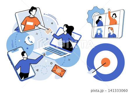 People connecting through digital devices and video conferencing vector illustration. Remote work, online meeting, business communication, team collaboration, virtual office, digital strategy 141333060