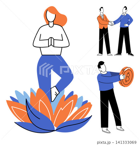 People performing yoga, shaking hands, and holding bitcoin vector illustration. Wellness, mindfulness, business partnership, financial success, cryptocurrency, teamwork. Characters engaged in healthy 141333069