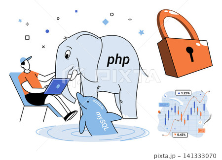 Developer working with PHP elephant and MySQL dolphin icons vector illustration. Programming, database management, web security, software engineering, data analysis, backend coding. Coder using 141333070