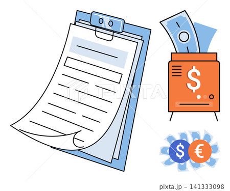 Clipboard with documents and money icons vector illustration. Accounting, finance, banking, investment, budget, commerce. Paperwork with cash and currency signs for financial management Clipboard with documents and money icons vector illustration. Accounting, finance, banking, investment, budget, commerce. Paperwork with cash and currency signs for financial management 141333098