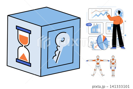 Business efficiency and technology vector illustration an hourglass, key, data charts, and robot figures. Productivity, time management, digital transformation, automation, strategy, innovation. Cube 141333101