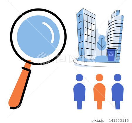 Magnifying glass with city buildings and people icons vector illustration. Urban planning, population research, demographic analysis, real estate, community development, social study. Search tool Magnifying glass with city buildings and people icons vector illustration. Urban planning, population research, demographic analysis, real estate, community development, social study. Search tool 141333116