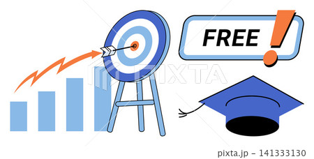 Business growth target and graduation cap vector illustration. Marketing strategy, goal achievement, academic success, free offer, professional development, career advancement. Financial success 141333130