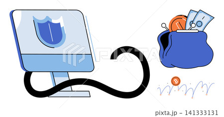 Computer monitor with shield icon and open purse with money vector illustration. Cybersecurity, digital banking, financial safety, online payment, data protection, investment security. Desktop screen 141333131