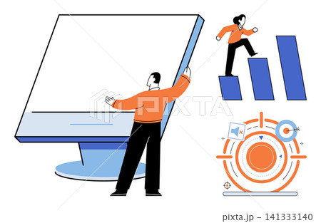 Business people interacting with computer screen, growth charts and target icons vector illustration. Strategy, marketing, development, success, planning, analytics. Professionals working on goals Business people interacting with computer screen, growth charts and target icons vector illustration. Strategy, marketing, development, success, planning, analytics. Professionals working on goals 141333140