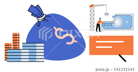 Money bag with coins and construction site vector illustration. Wealth management, capital investment, business development, financial planning, economic growth, savings. Currency sack and building Money bag with coins and construction site vector illustration. Wealth management, capital investment, business development, financial planning, economic growth, savings. Currency sack and building 141333143