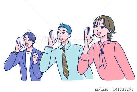 笑顔で声援を送るアニメ調の若い会社員たち 笑顔で声援を送るアニメ調の若い会社員たち 141333279