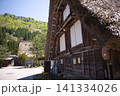 合掌造りの古民家と集落の小道、春の里山と伝統建築の風景素材 141334026