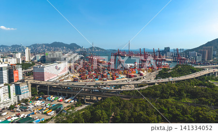 July 11 2026. Hong Kong Kwai Tsing Container Terminals and Hong Kong Skyline July 11 2026. Hong Kong Kwai Tsing Container Terminals and Hong Kong Skyline 141334052