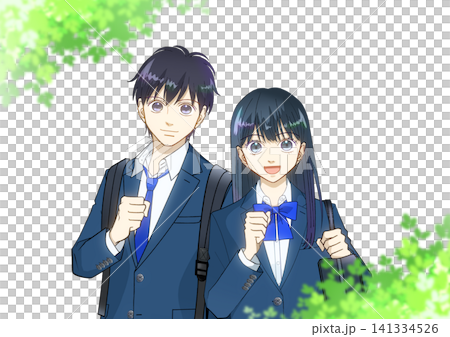 An anime-style illustration of students surrounded by a blue sky and greenery (green leaves in front of the figures) on a white background. An anime-style illustration of students surrounded by a blue sky and greenery (green leaves in front of the figures) on a white background. 141334526