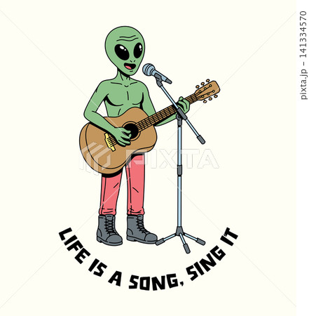 alien playing guitar while singing illustration alien playing guitar while singing illustration 141334570