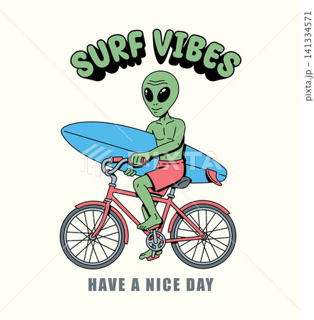 alien riding a bicycle while carrying a surfboard illustration alien riding a bicycle while carrying a surfboard illustration 141334571