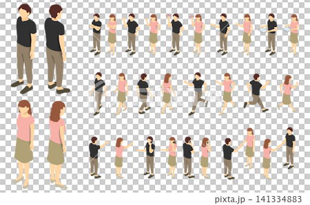 等距視角人物插畫:男女短袖辦公休閒套裝 等距視角人物插畫:男女短袖辦公休閒套裝 141334883