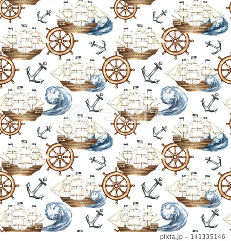 Seamless pattern with sailing ships, anchors, and ship's wheels. Hand-drawn watercolor illustrations. Perfect for textiles, wrapping paper, packaging, backgrounds, and more 141335146