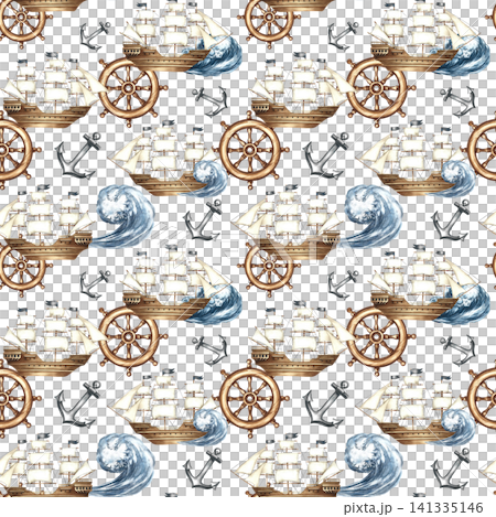 Seamless pattern with sailing ships, anchors, and ship's wheels. Hand-drawn watercolor illustrations. Perfect for textiles, wrapping paper, packaging, backgrounds, and more 141335146