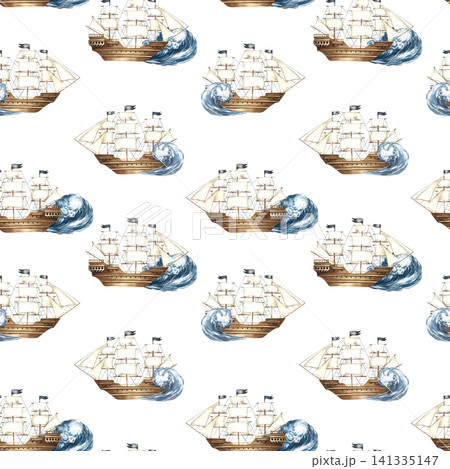 Seamless pattern with sailing ships on the waves. Hand-drawn watercolor illustrations. Perfect for textiles, wrapping paper, packaging, backgrounds, and more. Seamless pattern with sailing ships on the waves. Hand-drawn watercolor illustrations. Perfect for textiles, wrapping paper, packaging, backgrounds, and more. 141335147