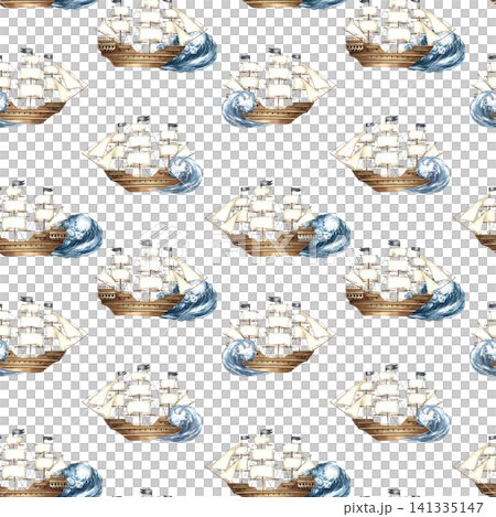 Seamless pattern with sailing ships on the waves. Hand-drawn watercolor illustrations. Perfect for textiles, wrapping paper, packaging, backgrounds, and more. Seamless pattern with sailing ships on the waves. Hand-drawn watercolor illustrations. Perfect for textiles, wrapping paper, packaging, backgrounds, and more. 141335147