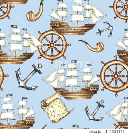 Seamless pattern with nautical theme, sailboats, anchors, steering wheels and more. Watercolor illustrations, hand drawn. On a blue background. Perfect for textiles, wrapping paper, packaging and more Seamless pattern with nautical theme, sailboats, anchors, steering wheels and more. Watercolor illustrations, hand drawn. On a blue background. Perfect for textiles, wrapping paper, packaging and more 141335152
