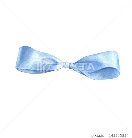 Watercolor illustration of a blue ribbon bow. Drawing a textile knot for children's invitations and wedding greeting cards. Color image. Watercolor illustration of a blue ribbon bow. Drawing a textile knot for children's invitations and wedding greeting cards. Color image. 141335834