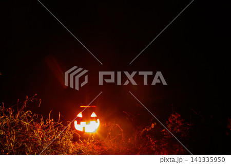 Spooky Halloween pumpkin jack-o-lantern with burning candles in scary forest at night 141335950