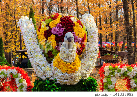 Bird made of chrysanthemums in a park at autumn Bird made of chrysanthemums in a park at autumn 141335982