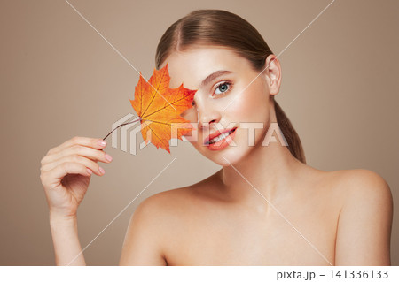 Autumn portrait of beautiful woman with clean fresh skin 141336133