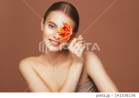 Autumn portrait of beautiful woman with clean fresh skin 141336136