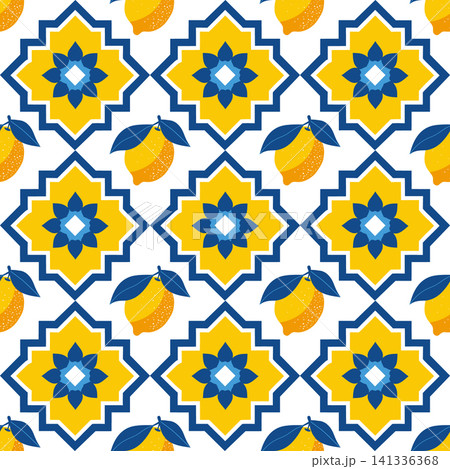 Mediterranean Lemon Geometric Seamless Pattern Background in blue and yellow colors. Mediterranean Lemon Geometric Seamless Pattern Background in blue and yellow colors. 141336368