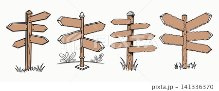 Wooden Signpost Set with Directional Signs, Hand Drawn Illustration. Wooden Signpost Set with Directional Signs, Hand Drawn Illustration. 141336370