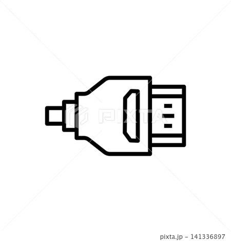 Bold line icon of an HDMI 2.1 cable interface plug for high definition video and audio. 141336897