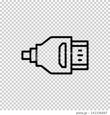 Bold line icon of an HDMI 2.1 cable interface plug for high definition video and audio. Bold line icon of an HDMI 2.1 cable interface plug for high definition video and audio. 141336897