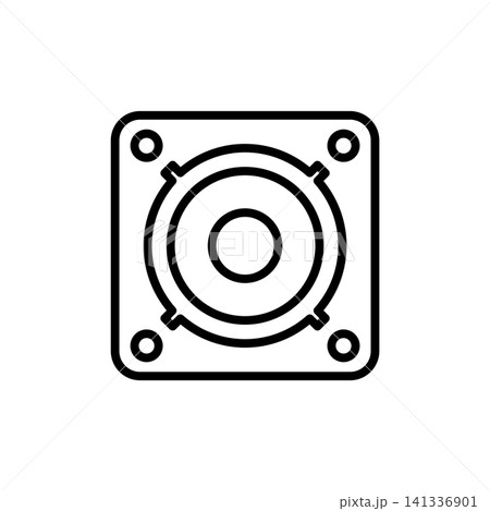 Linear icon of a dual-driver low-frequency subwoofer enclosure for deep bass sound. Linear icon of a dual-driver low-frequency subwoofer enclosure for deep bass sound. 141336901