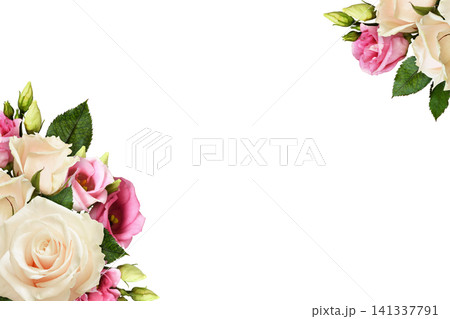 White roses and pink eustoma flowers in corner floral arrangements isolated on white White roses and pink eustoma flowers in corner floral arrangements isolated on white 141337791